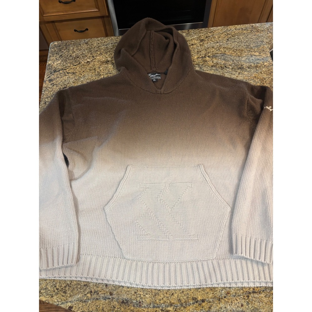 Karl Kani Jeans Mens XL Ombre Knit Hoodie Brown Cream Gradient‎ Sweater Vtg Y2K